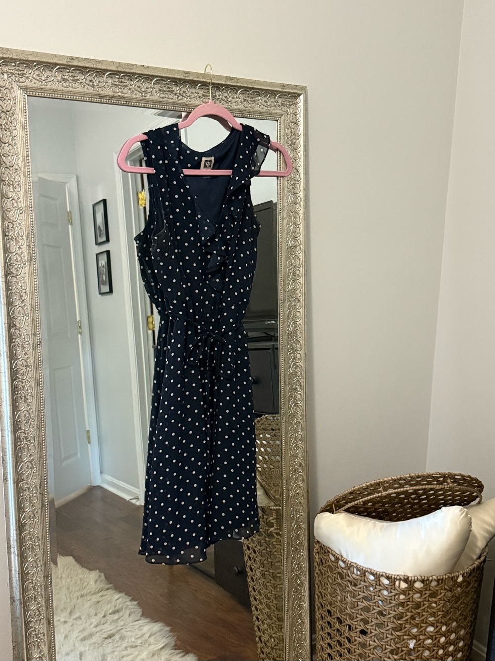Anne Klein Navy Dress with White Polka Dots and Tie Waist